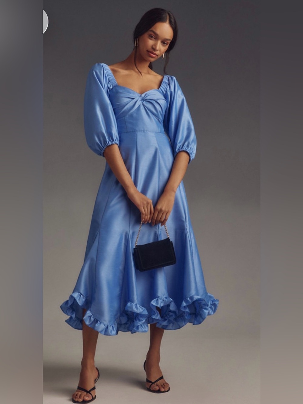 Hutch Periwinkle Satin Midi Dress with Puff Sleeves